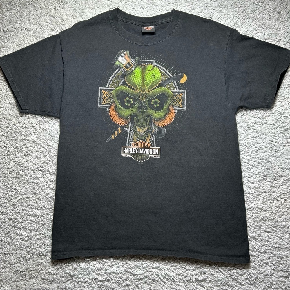 Harley Davidson Shirt Mens Large Crewneck Shamrock Tee Lucky Skull Patricks Day